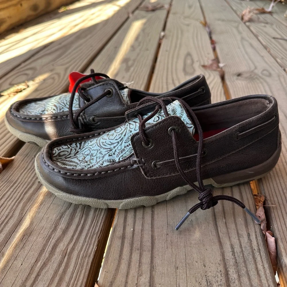 NWT Twisted X Women’s Turquoise Tooled Boat Shoes Size 7.5 - Picture 3 of 9